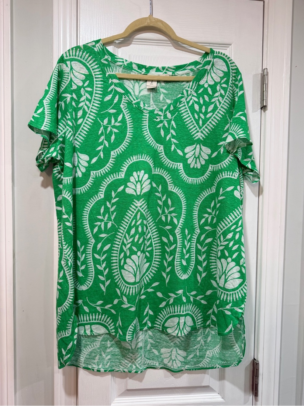NWOT Joie Size 1X Green 100% Linen Mandala Short Sleeve Split Hem Tunic Top
